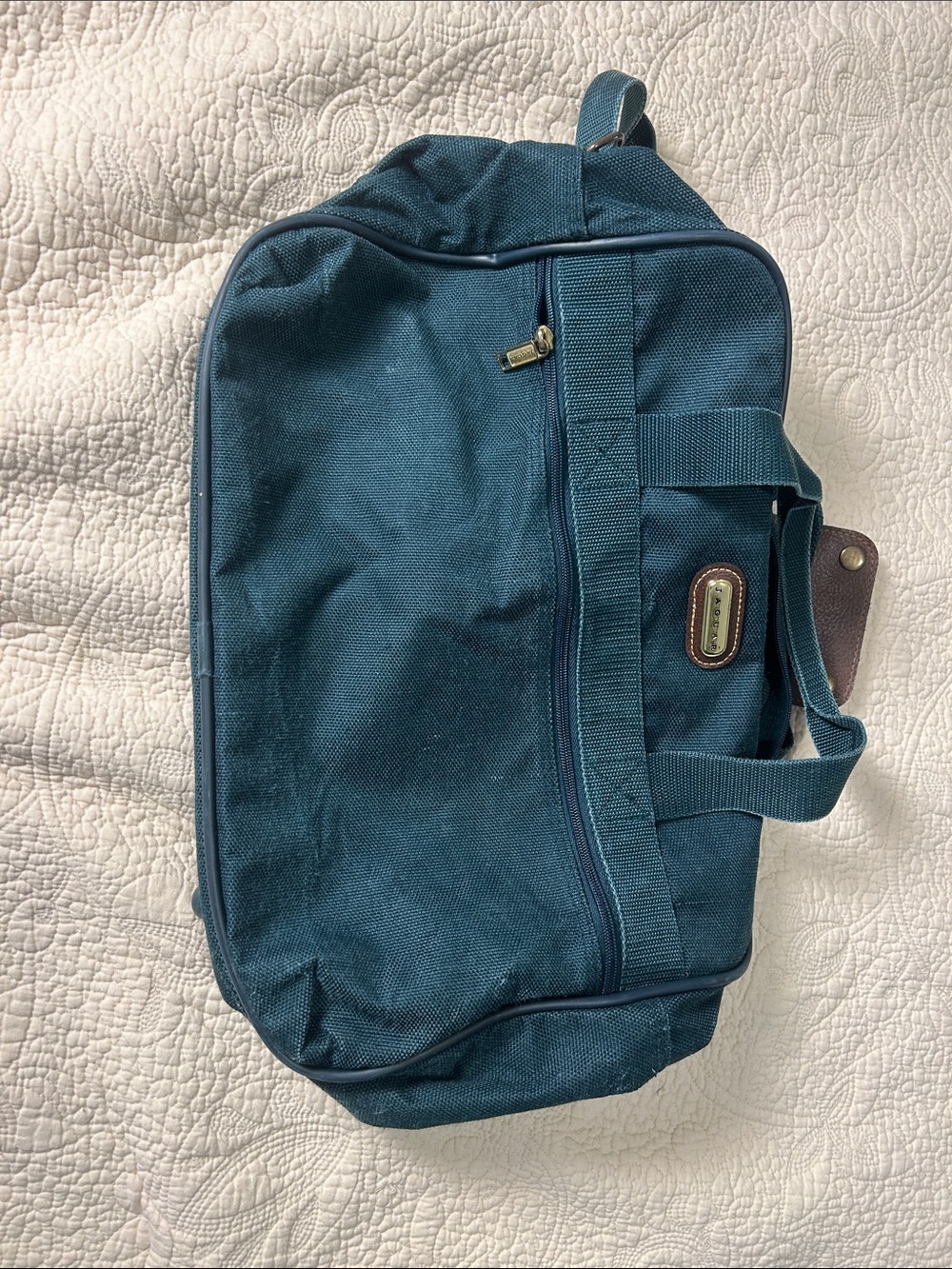 Vintage Jaguar Teal Duffel Bag with Carry Handles and Strap